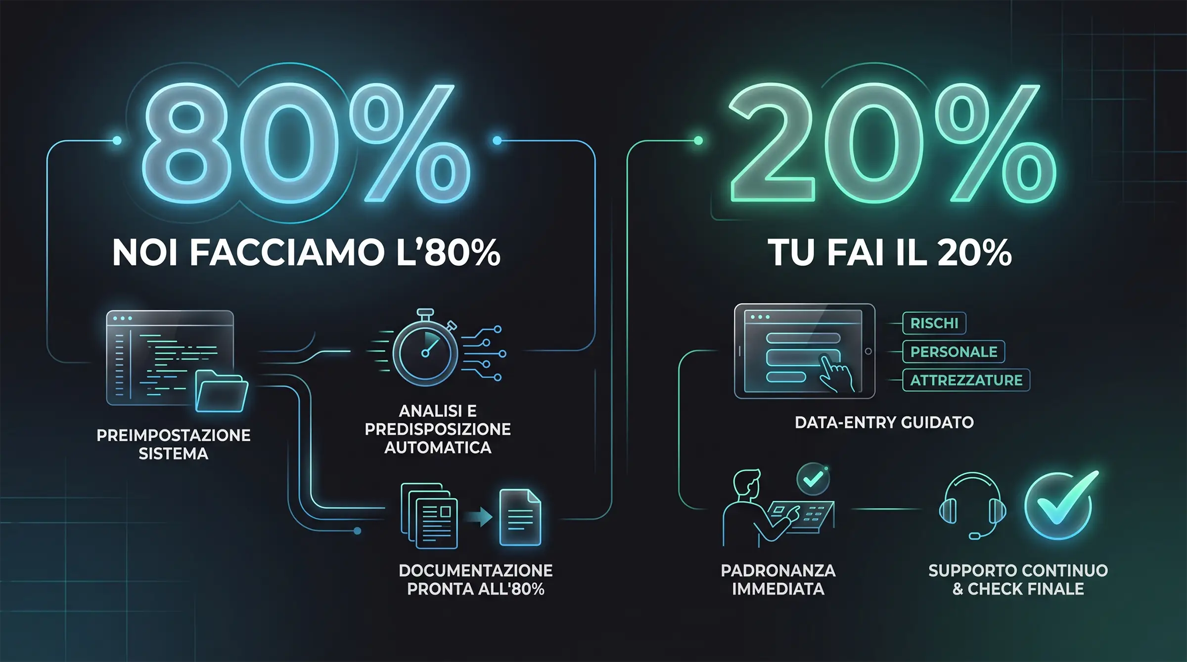 sistema-ISO-preimpostato-metodo-80-20 Infografica del metodo 80/20 di AC Servizi con il sistema ISO preimpostato all'80% per le aziende.