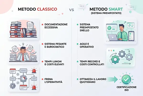 Infografica comparativa tra consulenza ISO tradizionale e il metodo AC Servizi con sistema di gestione preimpostato all'80%.