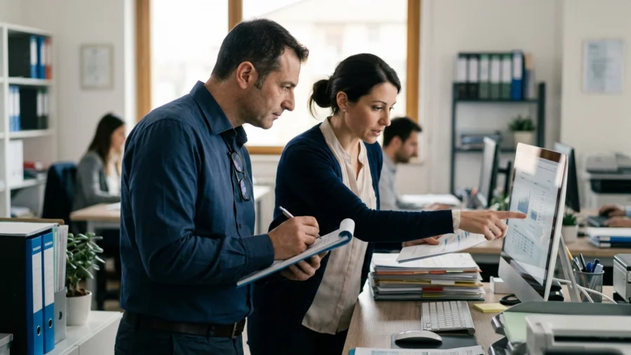 Come diventare auditor ISO: percorso, qualifiche e corsi per 9001, 14001 e 45001 Auditor interno annota le evidenze raccolte durante un audit in azienda