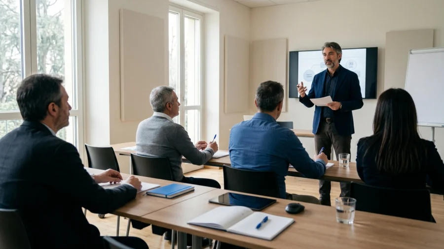 ISO 9001 e formazione assicurativa: quando IVASS la richiede a chi organizza i corsi Aula di formazione professionale per intermediari assicurativi durante una lezione