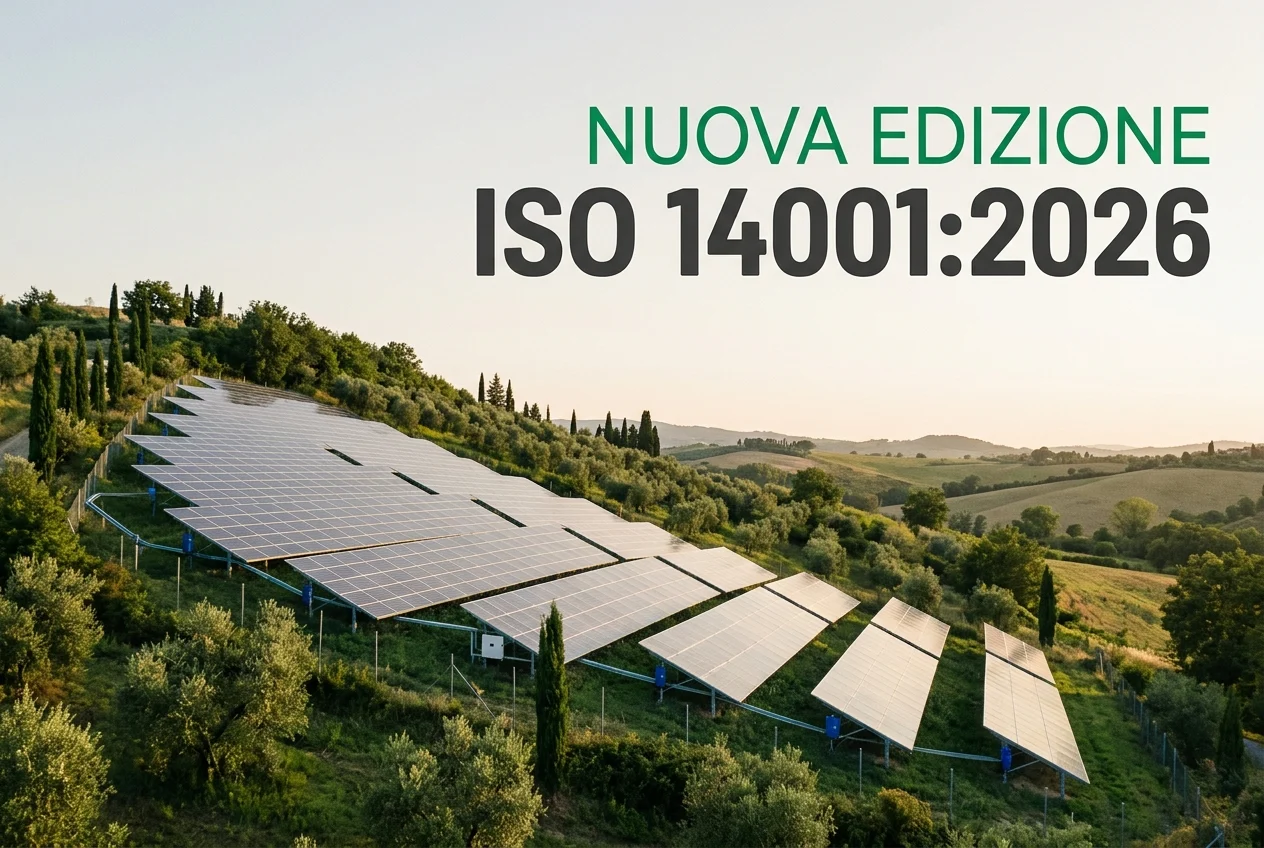 ISO 14001:2026: cosa cambia e come passare alla nuova edizione se sei certificato Impianto fotovoltaico su una collina con ulivi e la scritta Nuova edizione ISO 14001:2026