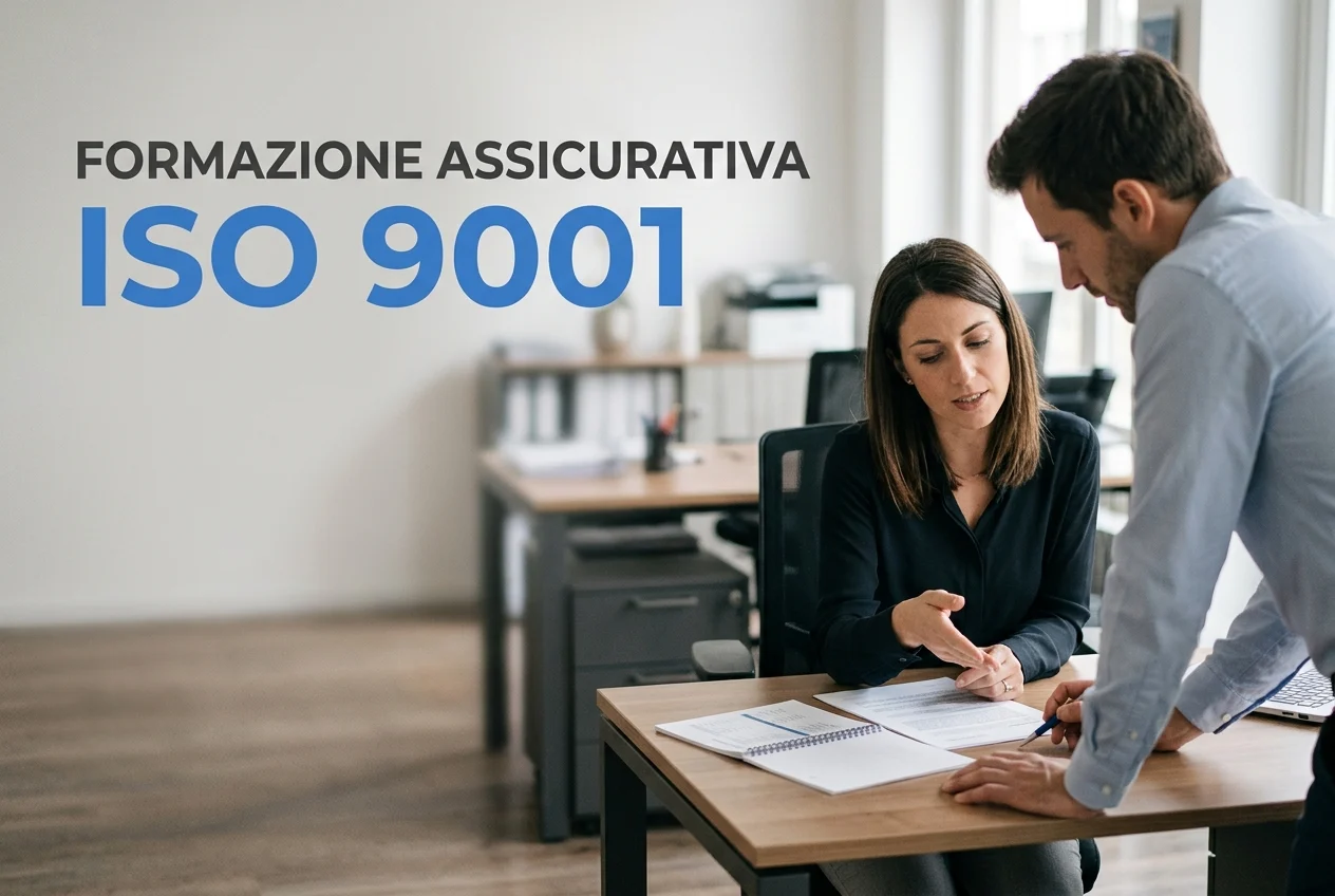 ISO 9001 e formazione assicurativa: quando IVASS la richiede a chi organizza i corsi ISO 9001 e formazione assicurativa: due professionisti al lavoro in un'agenzia