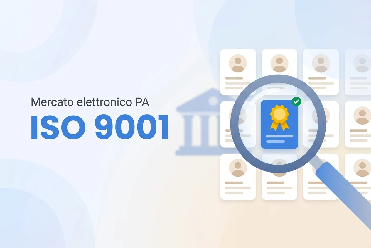ISO 9001 e mercato elettronico della PA: dove pesa davvero la certificazione Scritta ISO 9001 e Mercato elettronico PA accanto a una lente che evidenzia una scheda fornitore certificata