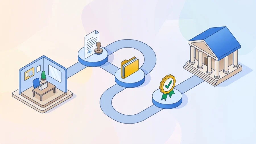 ISO 9001 e mercato elettronico della PA: dove pesa davvero la certificazione Sentiero a tappe da uno studio professionale a un edificio pubblico, con documenti, dati e sigillo di qualità ISO 9001 lungo il percorso