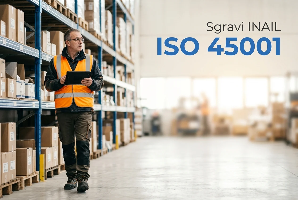 Sgravi INAIL con la ISO 45001: quanto vale davvero lo sconto e come si chiede Responsabile della sicurezza in una corsia di magazzino con la scritta Sgravi INAIL ISO 45001