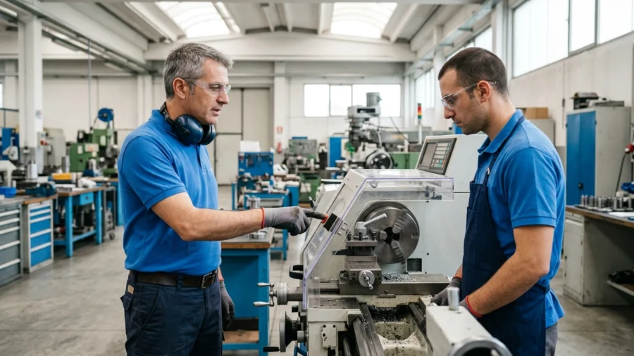 Sgravi INAIL con la ISO 45001: quanto vale davvero lo sconto e come si chiede Tecnico della sicurezza e operatore verificano il riparo di protezione di un tornio in reparto
