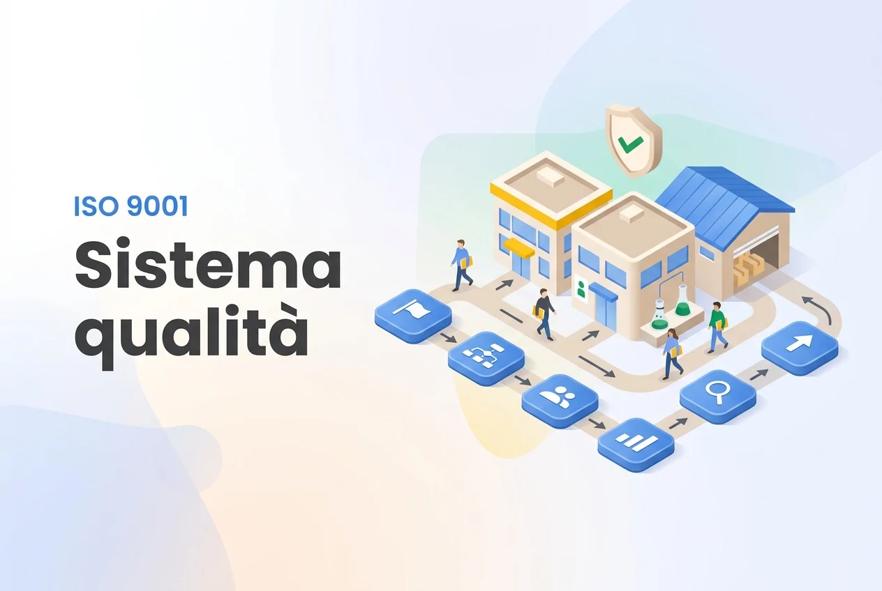 Sistema di gestione della qualità: cos'è e come funziona in azienda Sistema di gestione della qualità ISO 9001: una piccola azienda con un percorso ad anello che tocca le sei parti del sistema